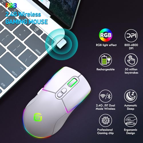JYCSTE Kabellose Gaming Maus, Dual Mode 2.4GHz/Bluetooth 5.1 Maus Gaming, RGB LED Hintergrundbeleuchtung, Ergonomische Maus mit 6 Tasten, Wiederaufladbare Computer Maus für PC, Mac, Laptop (weiß) Bild 7