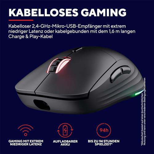 Trust Gaming GXT 927 Redex+ Gaming Maus Kabellos 25K DPI 2.4GHz 94 Stunden Akkulaufzeit, Kailh-Schalter, 6 Programmierbare Tasten, RGB Wiederaufladbare Gaming-Maus Laptop Computer – Schwarz Bild 3
