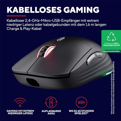 Trust Gaming GXT 926 Redex II Gaming Maus Kabellos 2.4GHz 65 Stunden Akkulaufzeit, Kailh-Schalter, 10000 DPI, 6 Programmierbare Tasten, Wiederaufladbare Gaming-Maus Laptop Computer – Schwarz Bild 2
