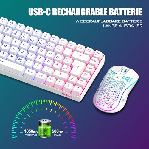 RedThunder 75% Kabelloses Gaming Tastatur und Maus Set, QWERTZ DE Layout, 85 Tasten, Wiederaufladbare Kompakte Mini TKL Tastatur, 7200DPI Maus mit Wabenkonstruktion für PC MAC PS5 Xbox Gamer [Weiß] Bild 4
