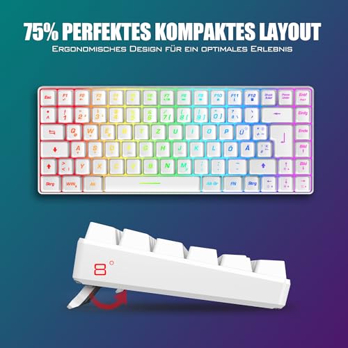 RedThunder 75% Kabelloses Gaming Tastatur und Maus Set, QWERTZ DE Layout, 85 Tasten, Wiederaufladbare Kompakte Mini TKL Tastatur, 7200DPI Maus mit Wabenkonstruktion für PC MAC PS5 Xbox Gamer [Weiß] Bild 5