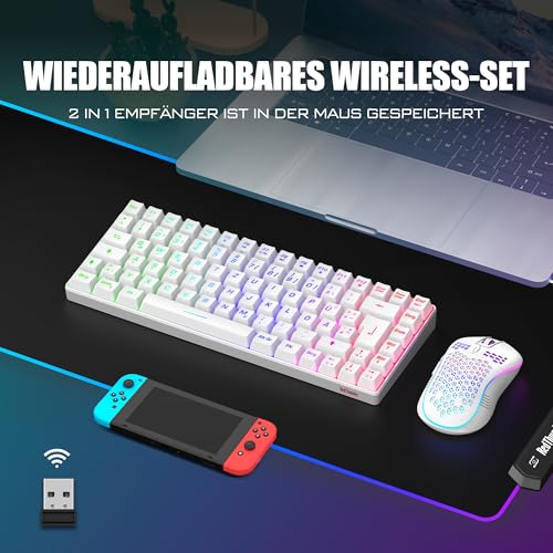 RedThunder 75% Kabelloses Gaming Tastatur und Maus Set, QWERTZ DE Layout, 85 Tasten, Wiederaufladbare Kompakte Mini TKL Tastatur, 7200DPI Maus mit Wabenkonstruktion für PC MAC PS5 Xbox Gamer [Weiß] Bild 6