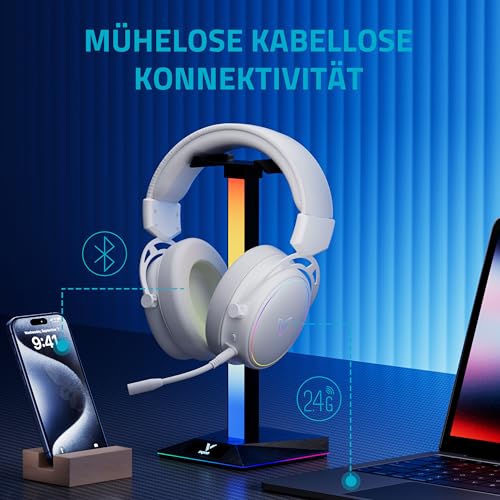 Rapoo VH800 kabelloses Gaming Over-Ear Headset, Flexibles Mikrofon mit Stummschaltung, Ohrpolster Kunstleder, 46h Akku, Headphone Bluetooth und 2,4Ghz PC/Mac/Xbox One/PS4/Nintendo Switch - White Bild 3