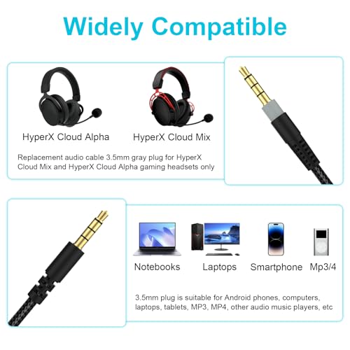Ersatz-Cloud-Alpha-Kabel, Audiokabel mit Stummschaltung und Lautstärkeregler, kompatibel mit Kingston Cloud Alpha und Cloud Mix Gaming-Headset, Schwarz Bild 2