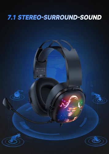 Gaming Headset 7.1 Surround Sound, Gaming Headset für PC, Laptop, Mac, Headset mit Mikrofon Kabel, Gaming Kopfhörer mit RGB Light, Noise Cancelling Bild 3