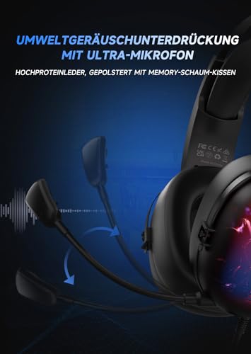 Gaming Headset 7.1 Surround Sound, Gaming Headset für PC, Laptop, Mac, Headset mit Mikrofon Kabel, Gaming Kopfhörer mit RGB Light, Noise Cancelling Bild 6
