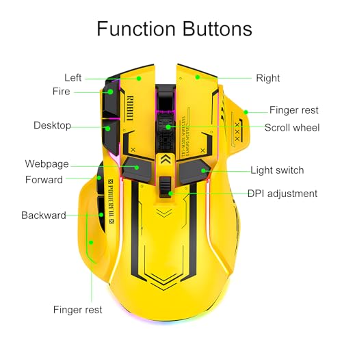 Kabellose Gaming Maus mit 5 Einstellbaren DPI 2.4G Drahtlos Dreifach-Modus Blendendes Licht Leise Wiederaufladbar für PC Computer Laptop Arbeit Büro (Gelb) Bild 2
