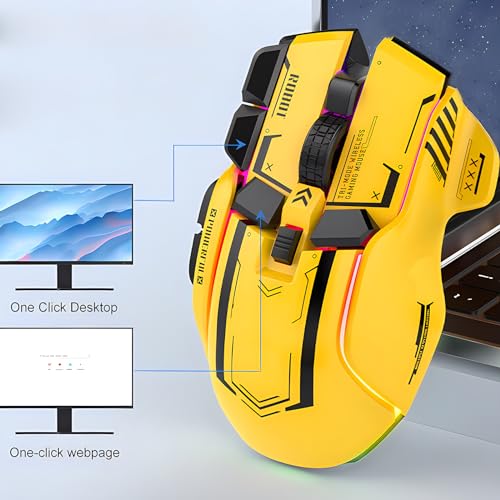 Kabellose Gaming Maus mit 5 Einstellbaren DPI 2.4G Drahtlos Dreifach-Modus Blendendes Licht Leise Wiederaufladbar für PC Computer Laptop Arbeit Büro (Gelb) Bild 3