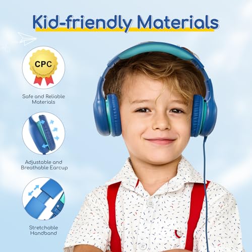 EarFun Kinder Kopfhörer, Kopfhörer Kinder mit Kabel, 85dB Lautstärkenbegrenzer, HiFi Klang, faltbar, verstellbar, Mic, Audio-Sharing, Over-Ear Kinderkopfhörer für Schule/Tablet/Reisen, Blau-Grün Bild 4