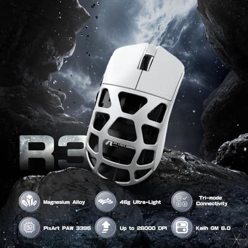 ATTACK SHARK R3PRO 46g Superlight Magnesiumlegierung Maus, 8000Hz Kabellose Abfragerate, 26000 DPI, 2,4G/BT/Kabelgebundene Gaming-Mouse, PixArt PAW3395-Sensor G502, mit Spiralkabel, PC/Mac, Weiß Bild 2