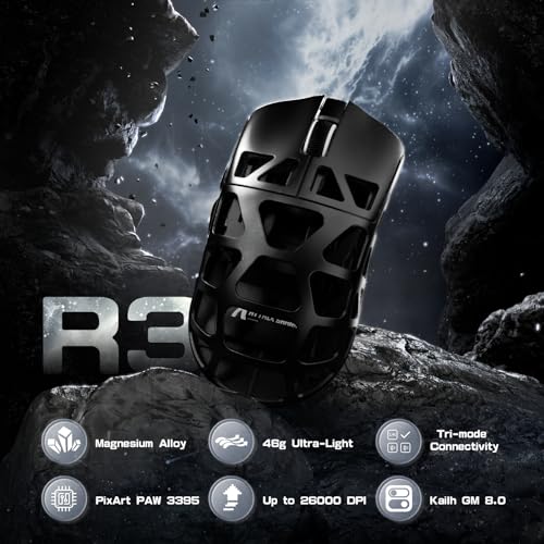 ATTACK SHARK R3PRO 46g Superlight Magnesiumlegierung Maus, 8000Hz Kabellose Abfragerate, 26000 DPI, 2,4G/BT/Kabelgebundene Gaming-Mouse, PixArt PAW3395-Sensor G502, mit Spiralkabel, PC/Mac, Schwarz Bild 2