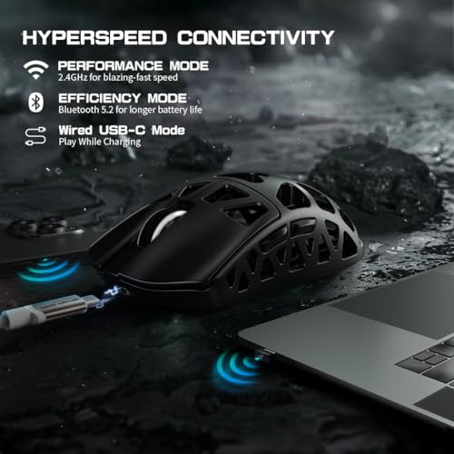 ATTACK SHARK R3PRO 46g Superlight Magnesiumlegierung Maus, 8000Hz Kabellose Abfragerate, 26000 DPI, 2,4G/BT/Kabelgebundene Gaming-Mouse, PixArt PAW3395-Sensor G502, mit Spiralkabel, PC/Mac, Schwarz Bild 6