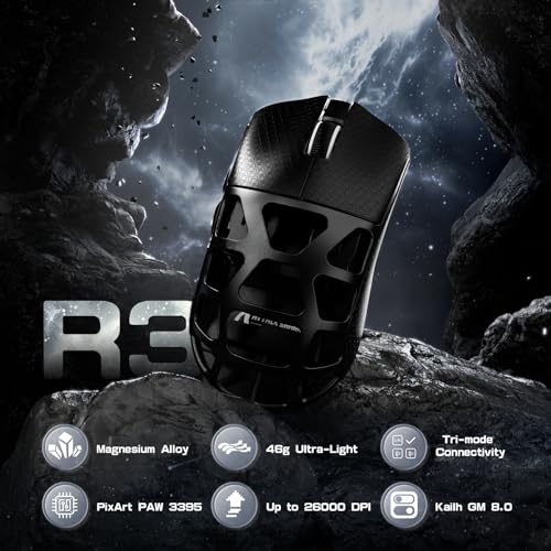ATTACK SHARK R3PRO 46g Superlight Magnesiumlegierung Maus, 8000Hz Kabellose Abfragerate, 26000 DPI, 2,4G/BT/Kabelgebundene Gaming-Mouse, PixArt PAW3395-Sensor G502, mit Spiralkabel, PC/Mac, Schwarz Bild 2