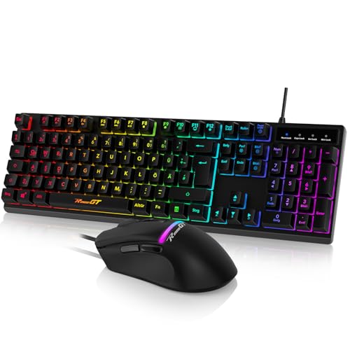 Maus und Tastatur Gaming Büro,RaceGT Tastatur Kabel RGB Beleuchtet LED Hintergrundbeleuchtung Wasserdicht 104 Tasten, Kabel Maus mit 7 Tasten 6400 DPI für PC Gamer Laptop QWERTZ (DE-Layout) Bild 1