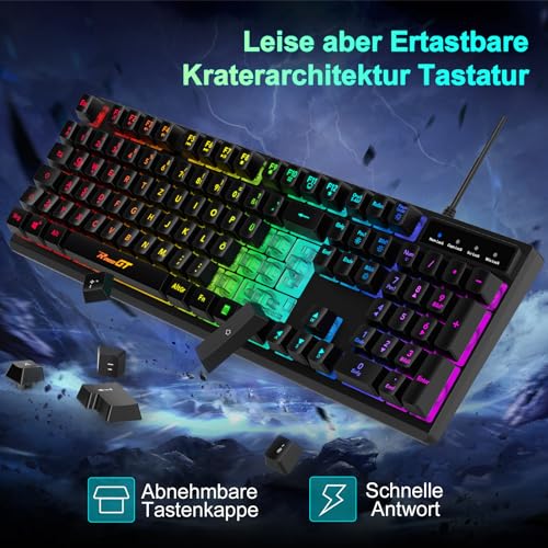 Maus und Tastatur Gaming Büro,RaceGT Tastatur Kabel RGB Beleuchtet LED Hintergrundbeleuchtung Wasserdicht 104 Tasten, Kabel Maus mit 7 Tasten 6400 DPI für PC Gamer Laptop QWERTZ (DE-Layout) Bild 2