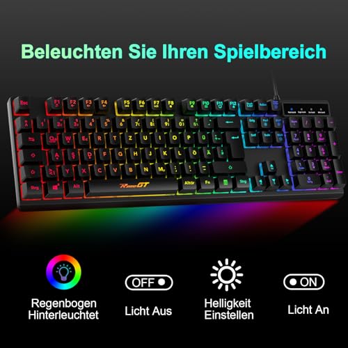 Maus und Tastatur Gaming Büro,RaceGT Tastatur Kabel RGB Beleuchtet LED Hintergrundbeleuchtung Wasserdicht 104 Tasten, Kabel Maus mit 7 Tasten 6400 DPI für PC Gamer Laptop QWERTZ (DE-Layout) Bild 4