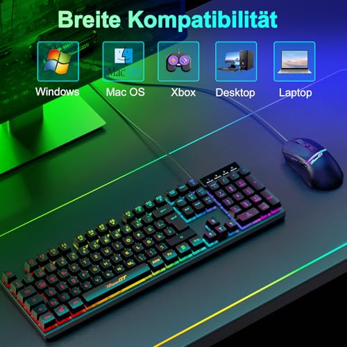 Maus und Tastatur Gaming Büro,RaceGT Tastatur Kabel RGB Beleuchtet LED Hintergrundbeleuchtung Wasserdicht 104 Tasten, Kabel Maus mit 7 Tasten 6400 DPI für PC Gamer Laptop QWERTZ (DE-Layout) Bild 6