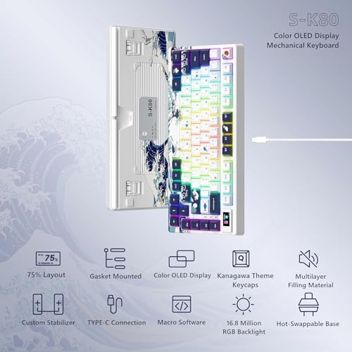 SK80 Mechanische Tastatur 75%, Gaming Tastatur kompakte USB C, Hot-Swap-Tastatur Kanagawa Thema, Dichtung Mount RGB Custom Keyboard für Mac/Win, Weiß Bild 2