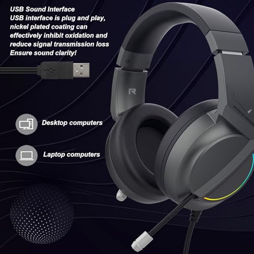 GOWENIC Gaming-Headset mit Geräuschunterdrückendem Mikrofon und RGB-Licht, Faltbarer USB-Kopfhörer, Over-Ear, 50-mm-Treiber, für für One, Laptop, Weiches Bild 2