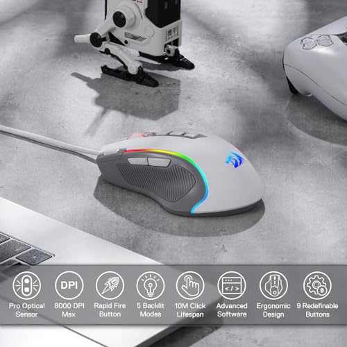 Redragon M612 RGB Gaming Maus, 8000 DPI kabelgebundene optische Maus mit 11 programmierbaren Tasten & 5 Hintergrundbeleuchtungsmodi, Software unterstützt, Rapid Fire Button, Grau&Weiß Bild 2