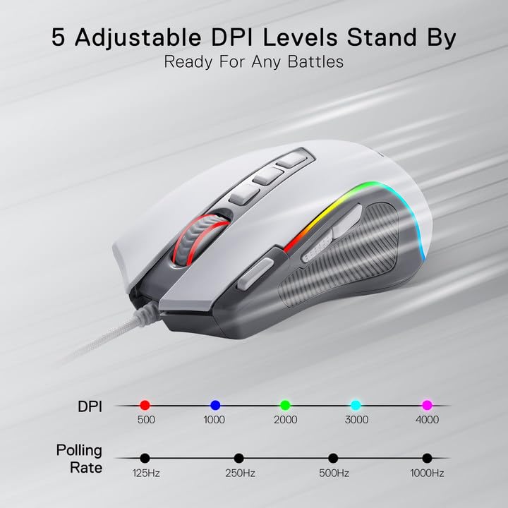 Redragon M612 RGB Gaming Maus, 8000 DPI kabelgebundene optische Maus mit 11 programmierbaren Tasten & 5 Hintergrundbeleuchtungsmodi, Software unterstützt, Rapid Fire Button, Grau&Weiß Bild 3
