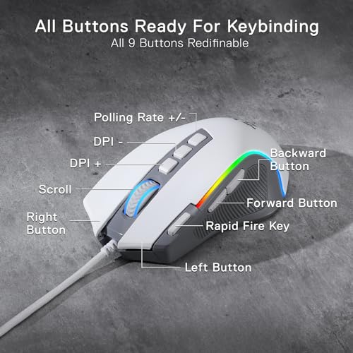 Redragon M612 RGB Gaming Maus, 8000 DPI kabelgebundene optische Maus mit 11 programmierbaren Tasten & 5 Hintergrundbeleuchtungsmodi, Software unterstützt, Rapid Fire Button, Grau&Weiß Bild 4