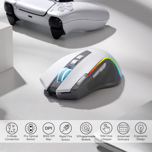 Redragon M612 PRO RGB Gaming Maus 8000 DPI Kabelgebundene/Kabellose Maus mit 9 Programmierbaren Tasten & 6 Hintergrundbeleuchtungsmodi BT & 2.4G Drahtlose Softwareunterstützung, Grau & Weiß Bild 2