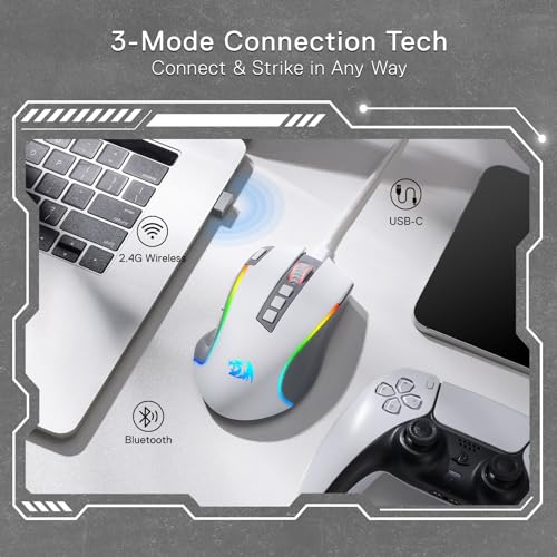 Redragon M612 PRO RGB Gaming Maus 8000 DPI Kabelgebundene/Kabellose Maus mit 9 Programmierbaren Tasten & 6 Hintergrundbeleuchtungsmodi BT & 2.4G Drahtlose Softwareunterstützung, Grau & Weiß Bild 4