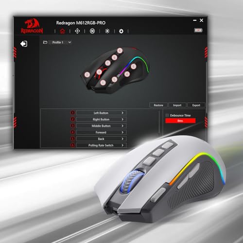 Redragon M612 PRO RGB Gaming Maus 8000 DPI Kabelgebundene/Kabellose Maus mit 9 Programmierbaren Tasten & 6 Hintergrundbeleuchtungsmodi BT & 2.4G Drahtlose Softwareunterstützung, Grau & Weiß Bild 7