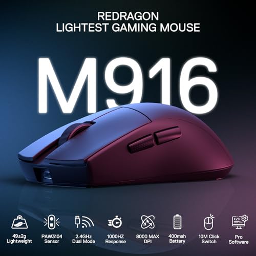 Redragon M916 Kabellose Gaming Maus, 49G Ultra-Light 8K DPI 2.4G Kabellose Gaming-Maus mit ergonomischem Griff, voll programmierbare Tasten, Software unterstützt DIY Keybinds & DPI, Schwarz Bild 2