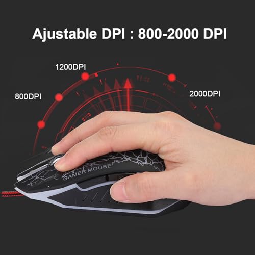 KIMISS A70 Professionelle Kabelgebundene Gaming-Maus, Gaming-Mäuse, 6 Tasten, Ergonomische LED-USB-Gamer-Universal-Optik mit Bunter Atemlichttaste, DPI 800 2000, PC, Schwarz für Bild 4
