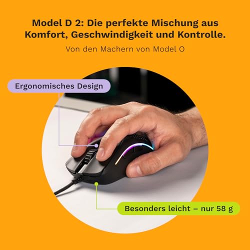 GLORIOUS Gaming Model D 2 Wired Gaming Mouse - ergonomische, superleicht 58g, 26K optischer Sensor, 6 programmierbare Tasten, 80-Millionen-Klicks-Lebensdauer, FPS, MMO, MOBA - Mattschwarz Bild 2