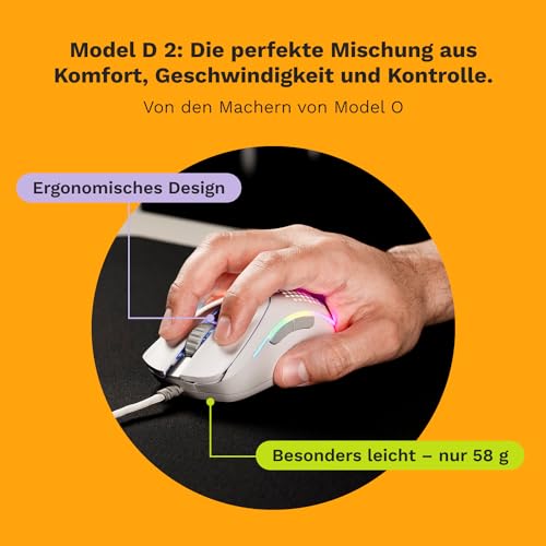 GLORIOUS Gaming Model D 2 Wired Gaming Mouse - ergonomische, superleicht 58g, 26K optischer Sensor, 6 programmierbare Tasten, 80-Millionen-Klicks-Lebensdauer, FPS, MMO, MOBA - Mattweiß Bild 2