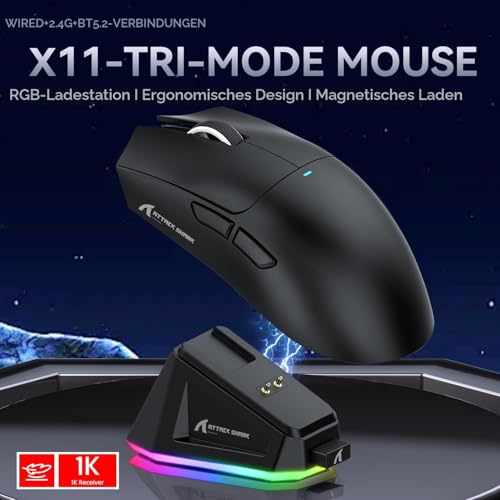ATTACK SHARK X11 Gaming Mouse mit Magnetic Charging Dock, PixArt PAW3311 Gaming Sensor, BT/2.4G Wireless/Wired Gaming Mouse, 22000 DPI, Office Mice Gamer Mice Mice for Win11/Xbox/PS/Mac (Schwarz) Bild 2