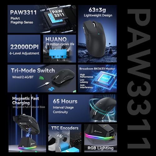 ATTACK SHARK X11 Gaming Mouse mit Magnetic Charging Dock, PixArt PAW3311 Gaming Sensor, BT/2.4G Wireless/Wired Gaming Mouse, 22000 DPI, Office Mice Gamer Mice Mice for Win11/Xbox/PS/Mac (Schwarz) Bild 3