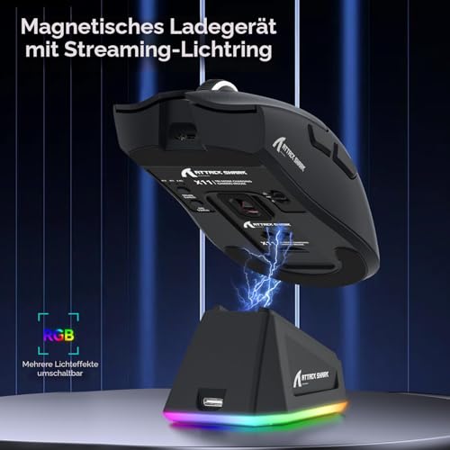 ATTACK SHARK X11 Gaming Mouse mit Magnetic Charging Dock, PixArt PAW3311 Gaming Sensor, BT/2.4G Wireless/Wired Gaming Mouse, 22000 DPI, Office Mice Gamer Mice Mice for Win11/Xbox/PS/Mac (Schwarz) Bild 4