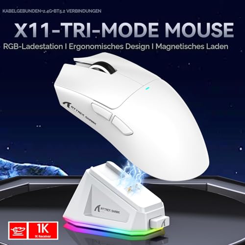 ATTACK SHARK X11 Gaming Mouse mit Magnetic Charging Dock, PixArt PAW3311 Gaming Sensor, BT/2.4G Wireless/Wired Gaming Mouse, 22000 DPI, Office Mice Gamer Mice Mice for Win11/Xbox/PS/Mac (White) Bild 2