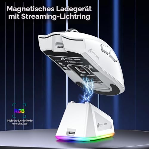 ATTACK SHARK X11 Gaming Mouse mit Magnetic Charging Dock, PixArt PAW3311 Gaming Sensor, BT/2.4G Wireless/Wired Gaming Mouse, 22000 DPI, Office Mice Gamer Mice Mice for Win11/Xbox/PS/Mac (White) Bild 4