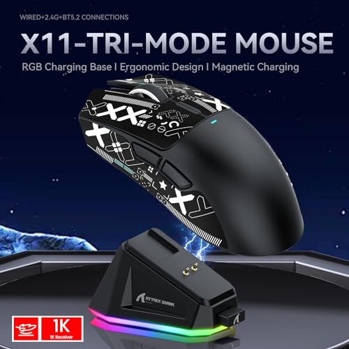 ATTACK SHARK X11 Gaming-Maus mit magnetischer Ladestation, PixArt PAW3311, BT/2.4G kabellos/kabelgebunden, 22000 DPI für Win11/Xbox/PS/Mac (schwarz) Bild 2