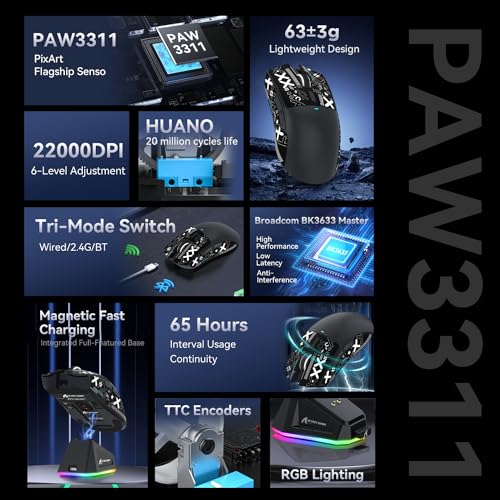 ATTACK SHARK X11 Gaming-Maus mit magnetischer Ladestation, PixArt PAW3311, BT/2.4G kabellos/kabelgebunden, 22000 DPI für Win11/Xbox/PS/Mac (schwarz) Bild 3