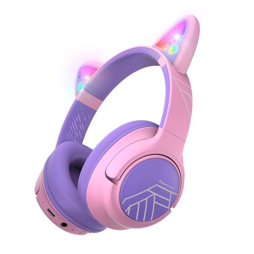 PowerLocus Bluetooth Kopfhörer Kinder, Kinderkopfhörer Over Ear mit 74/85/94dB Lautstärkebegrenzung, LED-Leuchten, Kabellos & Aux-Kabel Faltbare Kopfhörer mit Mikrofon (Lila/Rosa) Bild 1