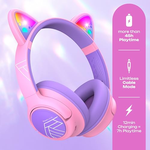 PowerLocus Bluetooth Kopfhörer Kinder, Kinderkopfhörer Over Ear mit 74/85/94dB Lautstärkebegrenzung, LED-Leuchten, Kabellos & Aux-Kabel Faltbare Kopfhörer mit Mikrofon (Lila/Rosa) Bild 2