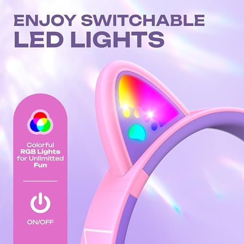PowerLocus Bluetooth Kopfhörer Kinder, Kinderkopfhörer Over Ear mit 74/85/94dB Lautstärkebegrenzung, LED-Leuchten, Kabellos & Aux-Kabel Faltbare Kopfhörer mit Mikrofon (Lila/Rosa) Bild 3