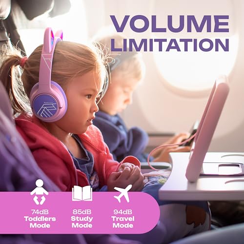 PowerLocus Bluetooth Kopfhörer Kinder, Kinderkopfhörer Over Ear mit 74/85/94dB Lautstärkebegrenzung, LED-Leuchten, Kabellos & Aux-Kabel Faltbare Kopfhörer mit Mikrofon (Lila/Rosa) Bild 4