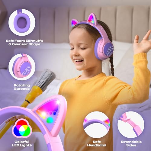 PowerLocus Bluetooth Kopfhörer Kinder, Kinderkopfhörer Over Ear mit 74/85/94dB Lautstärkebegrenzung, LED-Leuchten, Kabellos & Aux-Kabel Faltbare Kopfhörer mit Mikrofon (Lila/Rosa) Bild 5