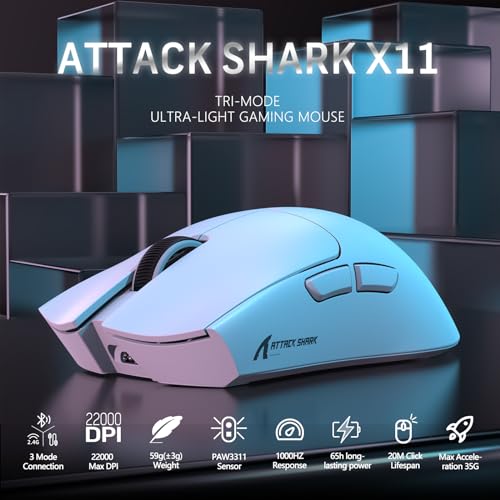 LexonElec x Attack Shark X11 Kabellose Gaming-Maus mit RGB Magnetische Ladestation, PixArt PAW3311-Sensor, Ultraleichte 59g Schwere Tri-Mode-Gaming-Maus, Wired/2,4 G/BT, 22 K DPI-White Bild 2