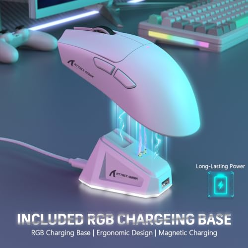 LexonElec x Attack Shark X11 Kabellose Gaming-Maus mit RGB Magnetische Ladestation, PixArt PAW3311-Sensor, Ultraleichte 59g Schwere Tri-Mode-Gaming-Maus, Wired/2,4 G/BT, 22 K DPI-White Bild 4