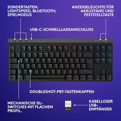 Logitech G G515 Lightspeed TKL kabellose Flache Gaming-Tastatur, LIGHTSYNC RGB, dünnes Profil ohne Ziffernblock, PBT-Tastenkappen, taktile mechanische Switches, Deutsches QWERTZ-Layout - Schwarz Bild 6