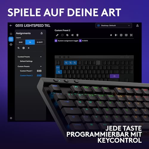 Logitech G G515 Lightspeed TKL kabellose Flache Gaming-Tastatur, LIGHTSYNC RGB, dünnes Profil ohne Ziffernblock, PBT-Tastenkappen, taktile mechanische Switches, Deutsches QWERTZ-Layout - Schwarz Bild 7