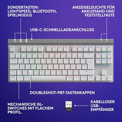 Logitech G G515 Lightspeed TKL kabellose Flache Gaming-Tastatur, LIGHTSYNC RGB, dünnes Profil ohne Ziffernblock, PBT-Tastenkappen, taktile mechanische Switches, Deutsches QWERTZ-Layout - Weiß Bild 6